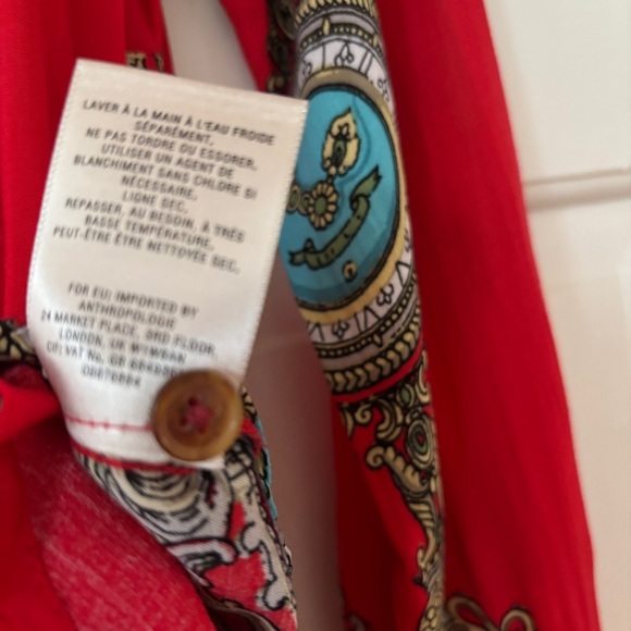 Anthropologie Maeve Size 2 Red Whimsy Printed Clock Sun Button Down Shirt Blouse - Picture 13 of 17